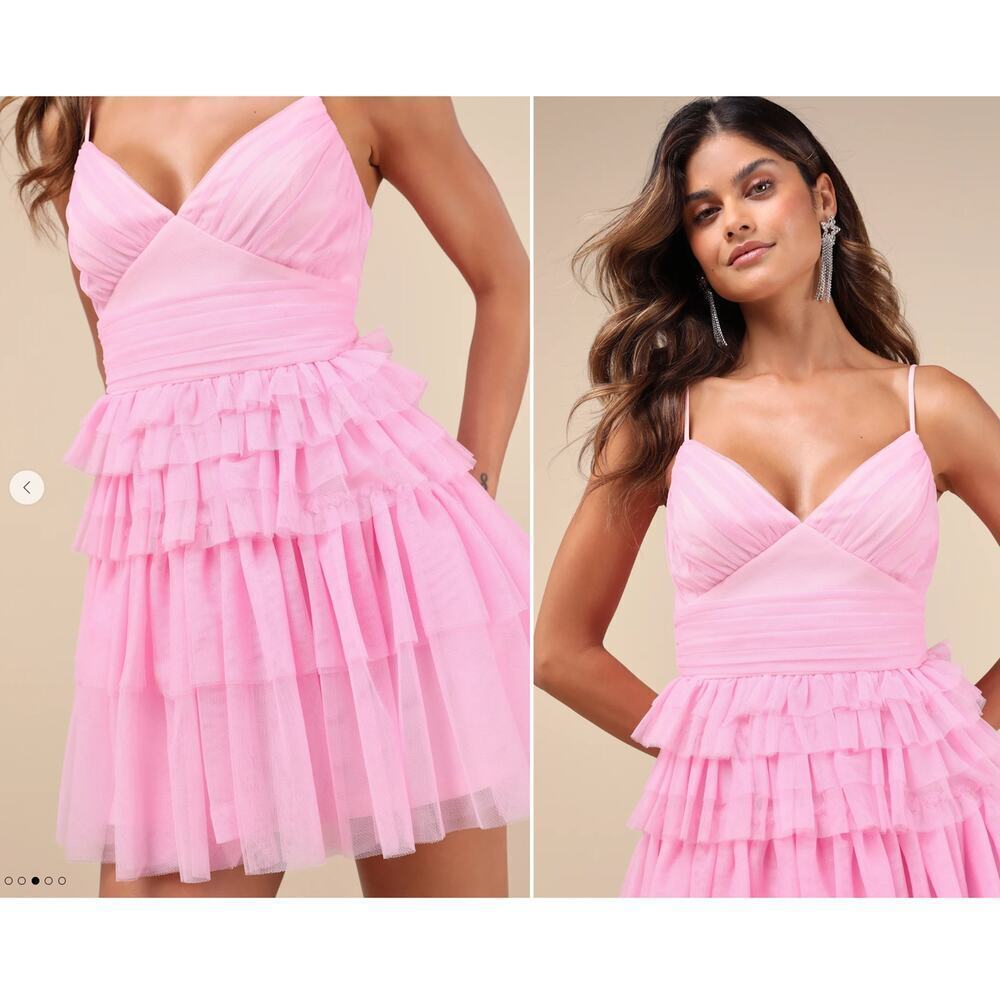 New without Tags Lulus Pink Tulle Pleated Sleeveless Tiered Mini Dress SZ XS - Picture 3 of 16